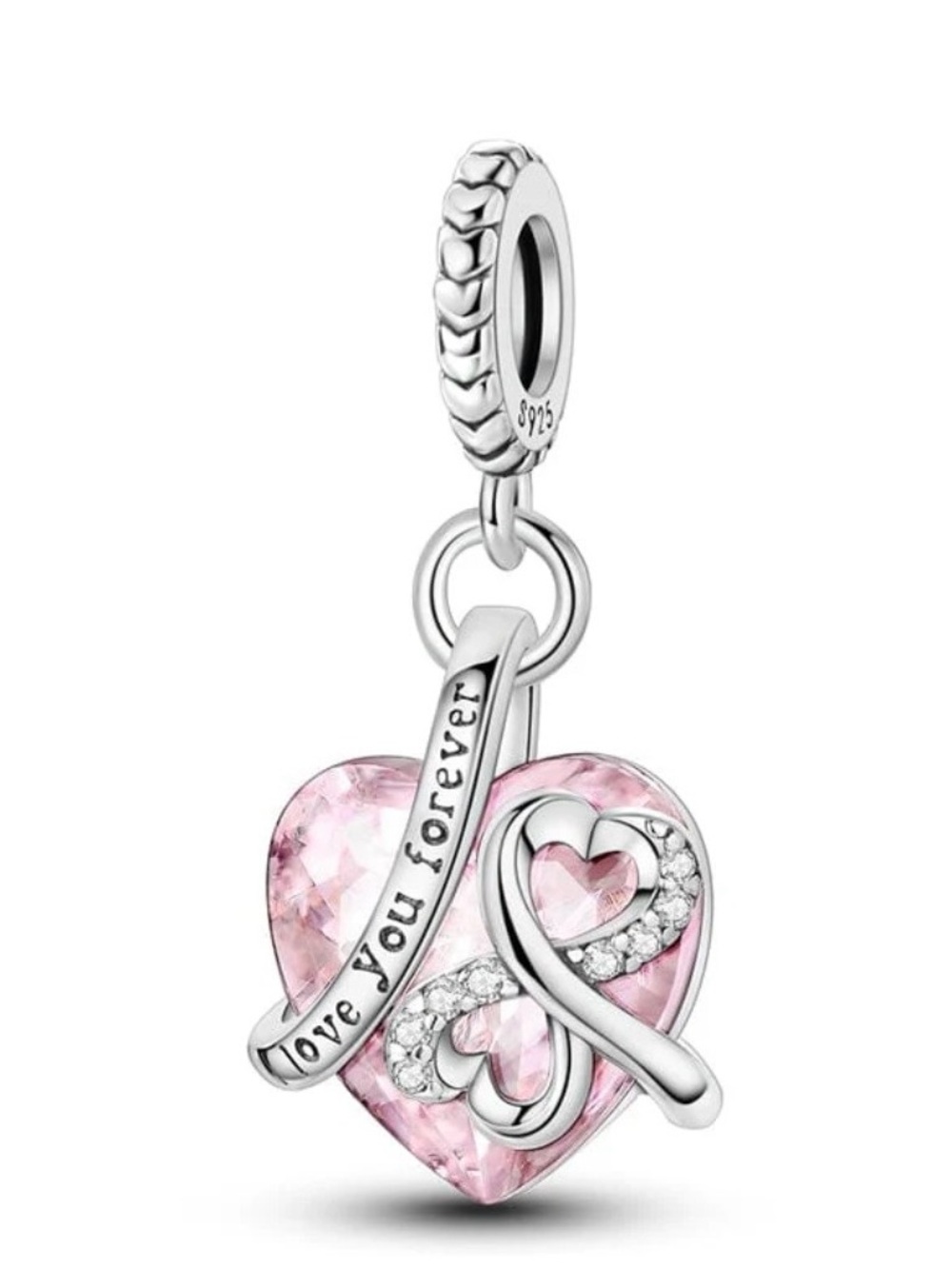 Sterling Silver  Love You Forever Pink Heart Charm-NEW